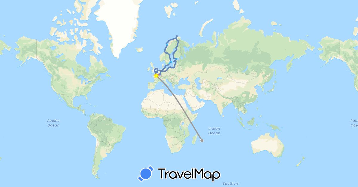 TravelMap itinerary: driving, plane, cycling, train, boat in Belgium, Germany, Denmark, Estonia, Finland, France, Lithuania, Latvia, Netherlands, Norway, Poland, Sweden (Europe)